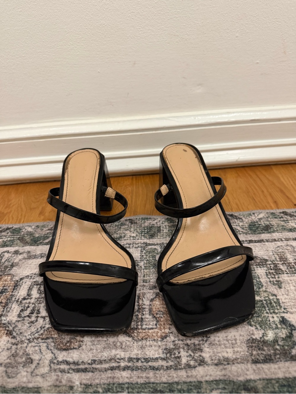Black Patent Strappy Block Heel Sandals - Women